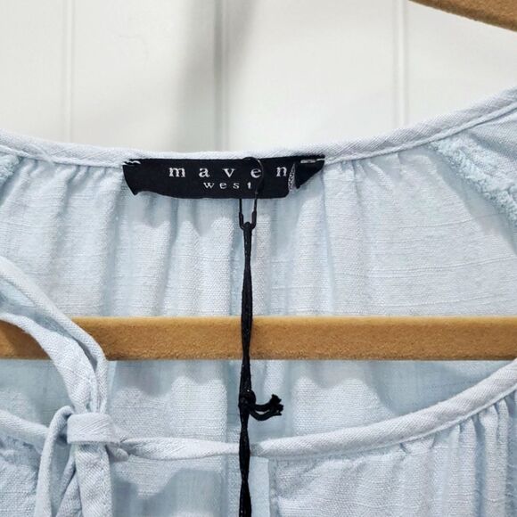 NWT Maven West Sz Lg Womens Blue Crop Pouf Sleeve Linen  Boho Blouse - Picture 2 of 6